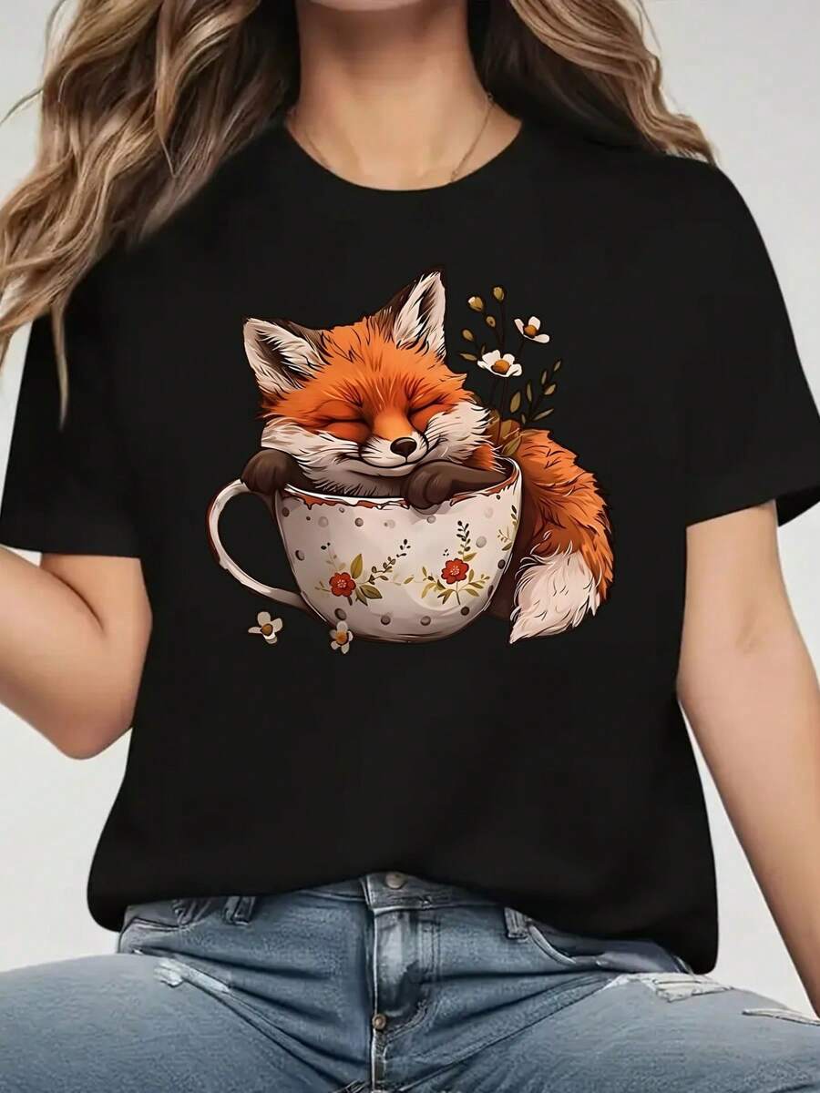 Women'S Short Sleeve, Cute Fox, Fox Sleeping In Teacup Printed T-Shirt, Casual Black Crew Neck T-Shirt, Stretch, Machine Washable, Suitable For Spring Summer Fall Athleisure - 黑色 - 查看 1