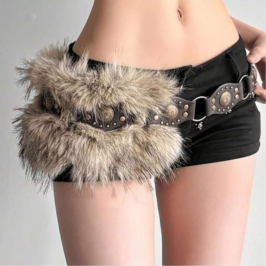 1pc Coffee Color BOHO Waist Belt, Fuzzy Decor Retro Women's Belt, Rivet Waist Belt, Suitable For Shirts, Shorts, Dresses, T-Shirts, Pants, Suitable For Daily Life, Parties, Music Festivals, Campus, Mother's Day - Coffee - View 1