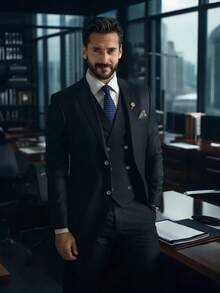 2026 Trending Men's 3-Piece Suit Set - Peak Lapel Blazer, Vest & Dress Pants | Classic Solid Formal Wear For Wedding Guest, Business & Prom (Easy-Care Poly-Viscose Blend) - 黑色 - 查看 10
