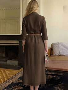 Women's Elegant Shirt Collar Long Sleeve Dress, Suitable For Spring/Summer, Mother's Day, Ramadan, Eid Al-Fitr, Daily Wear, Beach, Vacation - Brown - View 4