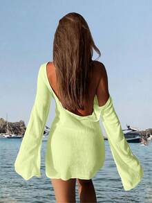Women's Minimalist Sexy Sheer Lightweight Beach Vacation Bell Sleeve Backless Solid Color Fitted Cover-Up Mini Dress, Spring/Summer - Light Green - View 4