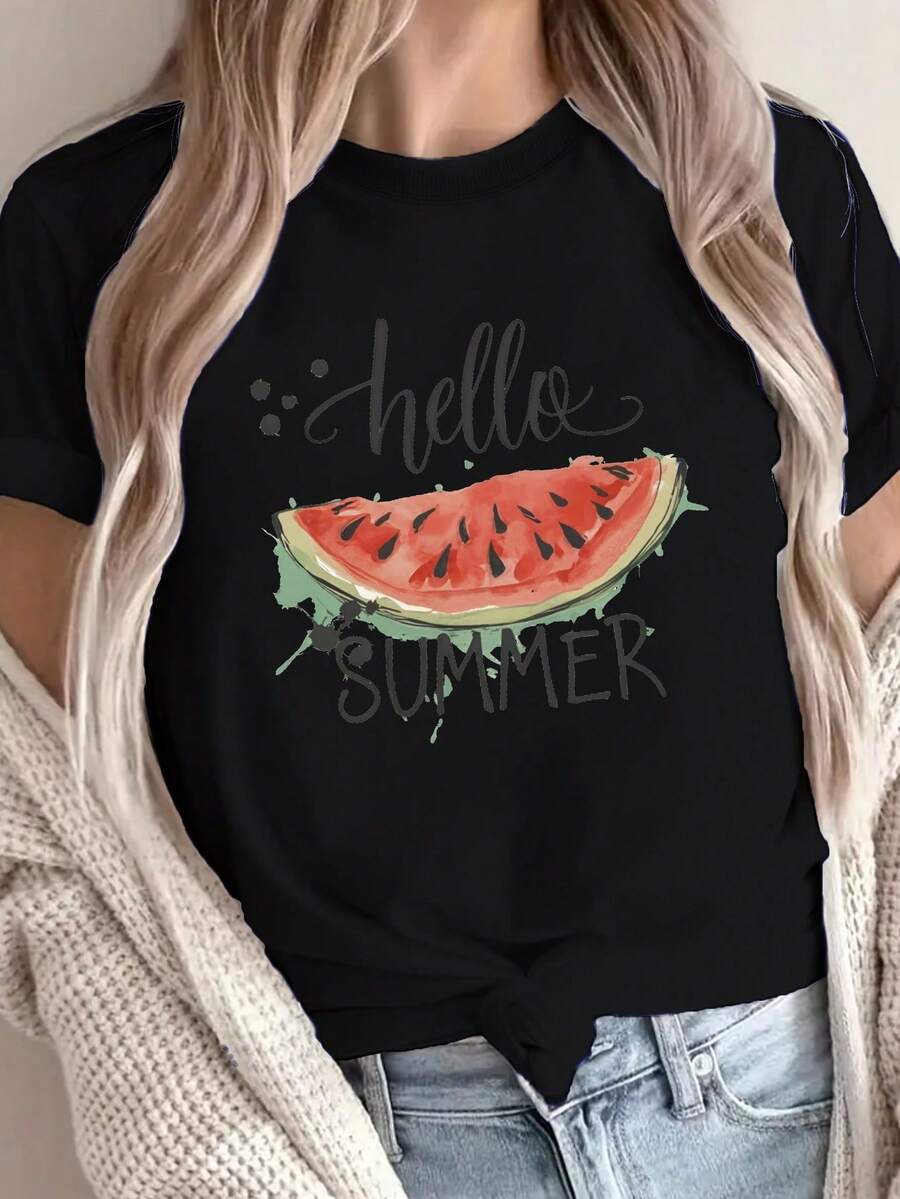 Camiseta de cuello de tripulación con impresión de sandía, camiseta de manga corta casual para primavera y verano, ropa de mujer