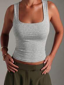 Casual    Ruched    Vacation  Beach  Women's White Square Neck Fitted Tank Top, Cropped Sleeveless Cami, Casual Minimalist & Chic Daily Outfits - 淺灰色 - 查看 5