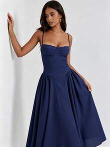 2026 Spring New Women's Clothing: Cross-Border European And American Dress, Elegant French Retro Waist-Cinching Strap Dress - 深藍色 - 查看 5