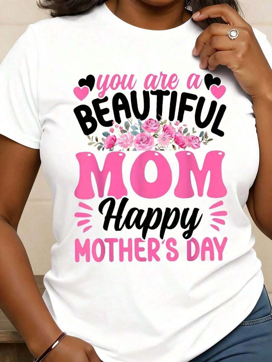 1 Piece Of Women's T-Shirt For Mother's Day, With Heart Floral Print, Elegant Design, Comfortable, Soft, Fashionable, Machine Washable, Perfect For Mother's Day, Ideal Gift For Mom And Grandma, Festive Print Women's Top, 180g, 100% Cotton. - 白色 - 查看 1