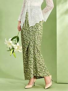 1 buah Rok Kebaya Nyonya Elegan Motif Bunga untuk Wanita, Musim Semi/Panas (Atasan Tidak Termasuk) - Olive Green - View 3