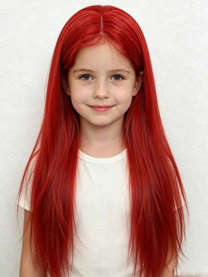 Hot Red U-Part Lace Wigs For Fashion Girls Heat Resistant Synthetic Hair Long Silky Straight Wig Kids Cosplay