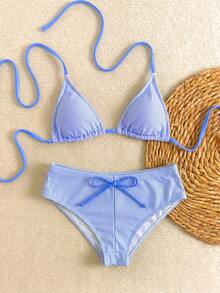 New Sexy Polka Dot Print Backless Bow Tie Bikini Set, Spaghetti Strap Summer Beach Swimwear For Pool Party Vacation - Khaki - View 4