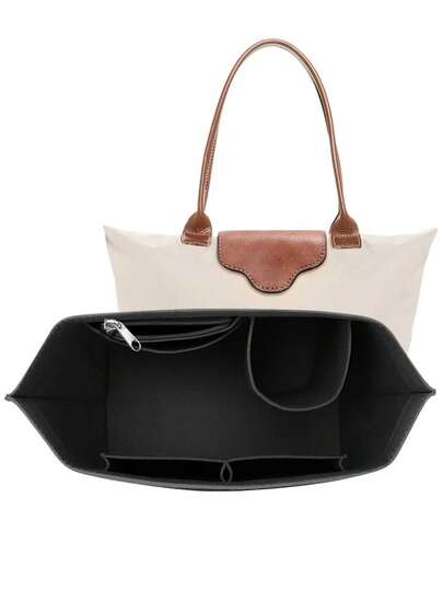Felt Bag Liner With Zipper For Le Pliage L Tote And M Handbag, Long Champ Bag Organizer Insert With Cup Holder, Women Purse Shaper With 8 Compartments