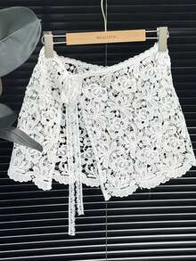 1pc French Lace Embroidery Wrap Apron, Soft Tie-Up Asymmetrical Layered Waist Chain - Multicolor - View 9