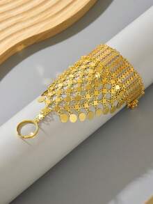 1pc Women's Bracelet With Ring, Hollow Multilayer Tassel Hand Chain, Exotic Style Stage Performance Accessory - Gold - View 4