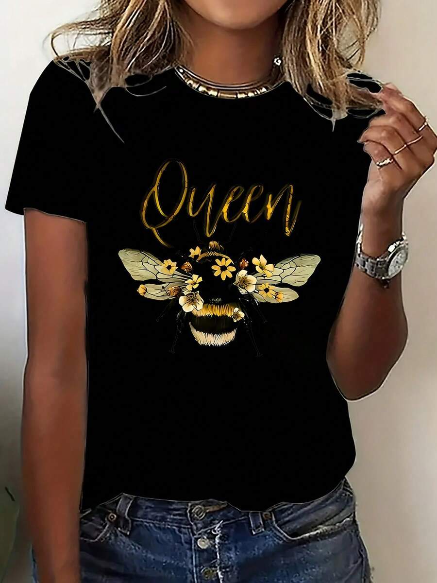 Wo Bee And Queen Bee Print T-Shirt | Casual Crew Neck Short Sleeve T-Shirt With Gold Lettering And Bee Design, Machine Washable Blend/Elastane, All-Season Comfort, Brown With Black Bee And Gold Queen Lettering - Everyday And Party Wear - 黑色 - 查看 1