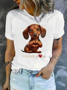 2025 nuevo estilo damas casual manga corta camiseta-lindo cachorro dachshund te amo "patrón de impresión cuello redondo micro-estiramiento superior lavable en máquina primavera y verano otoño ropa de moda regalo perfecto para los amantes de las mascotas tema de perro camiseta diseño divertido cómodo ajuste tienda de la comunidad local en stock cabello rápido suave algodón comodidad disfrutar de descuento adecuado para Pascua, Halloween, Acción de Gracias y así sucesivamente - Blanco - Ver 2