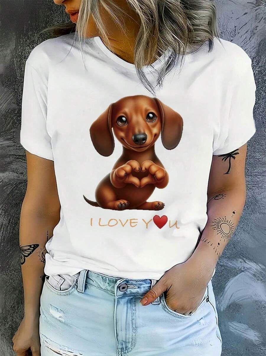 2025 nuevo estilo damas casual manga corta camiseta-lindo cachorro dachshund te amo "patrón de impresión cuello redondo micro-estiramiento superior lavable en máquina primavera y verano otoño ropa de moda regalo perfecto para los amantes de las mascotas tema de perro camiseta diseño divertido cómodo ajuste tienda de la comunidad local en stock cabello rápido suave algodón comodidad disfrutar de descuento adecuado para Pascua, Halloween, Acción de Gracias y así sucesivamente
