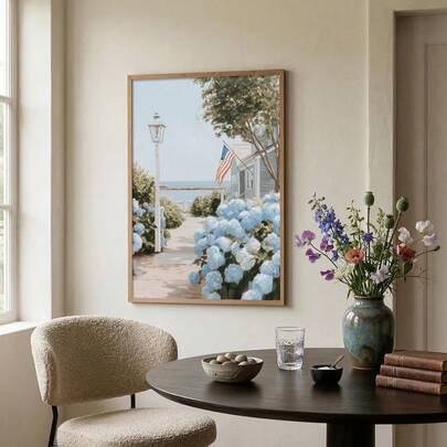1pc Framed/Unframed Summer Coastal Nantucket Cottage Canvas Poster Blue Floral Hydrangea American Flag Wall Art Print 4th Of July USA Independence Day Painting For Living Room,Bedroom,Modern Home Decoration