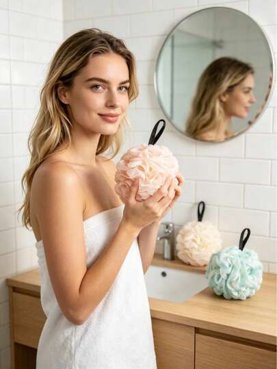 3 colores Esponja de baño floral de lujo y gran tamaño, esponja de baño suave y linda exfoliante, accesorios para la bañera para mujeres