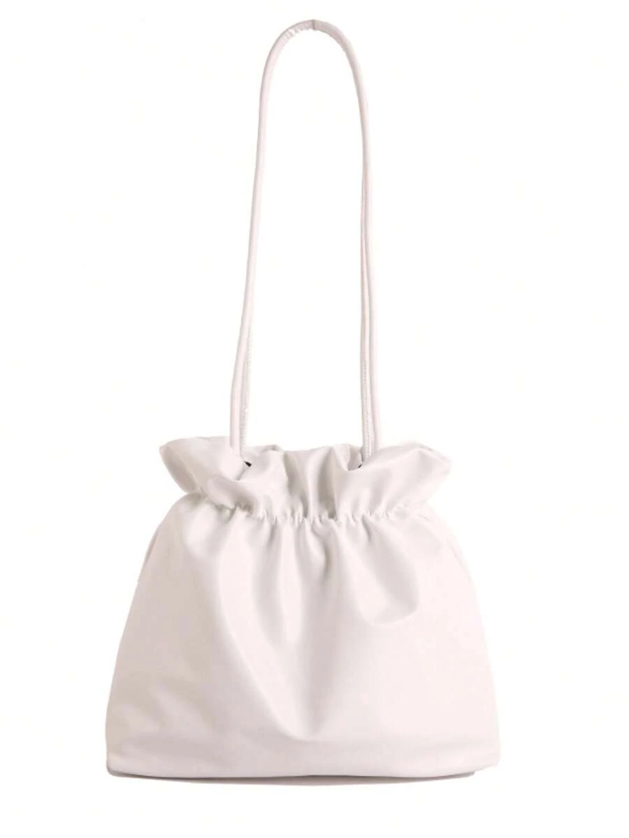 Black Drawstring Cloud Handbag, Soft PU Leather Ruched Tote, Lightweight Shoulder Bag For Women, Versatile Daily Purse - White - View 1
