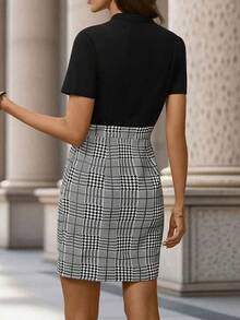 Vestido combinado con lazo en el cuello y estampado de cuadros, ideal para looks profesionales y sofisticados. - Blanco y Negro - Ver 6
