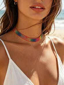 1pc Women's Niche Design Accessory, Colorful Stone Mosaic Rhinestone Inlaid, European And American Vacation Style Necklace Choker - Colorful - View 2