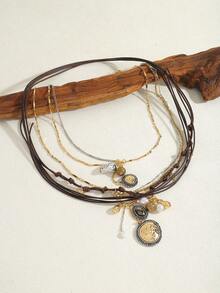 Vintage Multi-Layer Mixed Craft Women Necklace, Leather Cord Metal Chain With Coin & Pearl Pendant - Multicolor - View 7