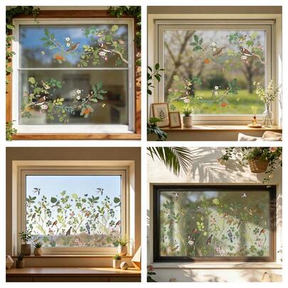 1/2pcs Floral And Bird Window Stickers, Reusable Electrostatic Adhesive Glass Stickers, Offering A Fresh And Natural Decoration Suitable For Kitchens, Living Rooms, Balconies, And Homes.