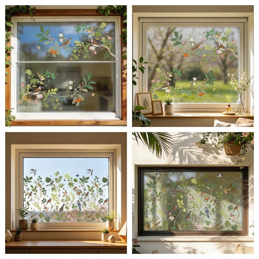 1/2 Juegos de pegatinas reutilizables de flores y pájaros con efecto estático para ventanas, que proporcionan una decoración natural y fresca para la cocina, la sala de estar, el balcón y el hogar