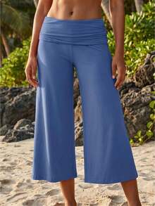Women's Capri Pants Fold Over Waistband Low Rise Solid Color Wide Leg Cropped Lounge Trousers - Blue - View 1