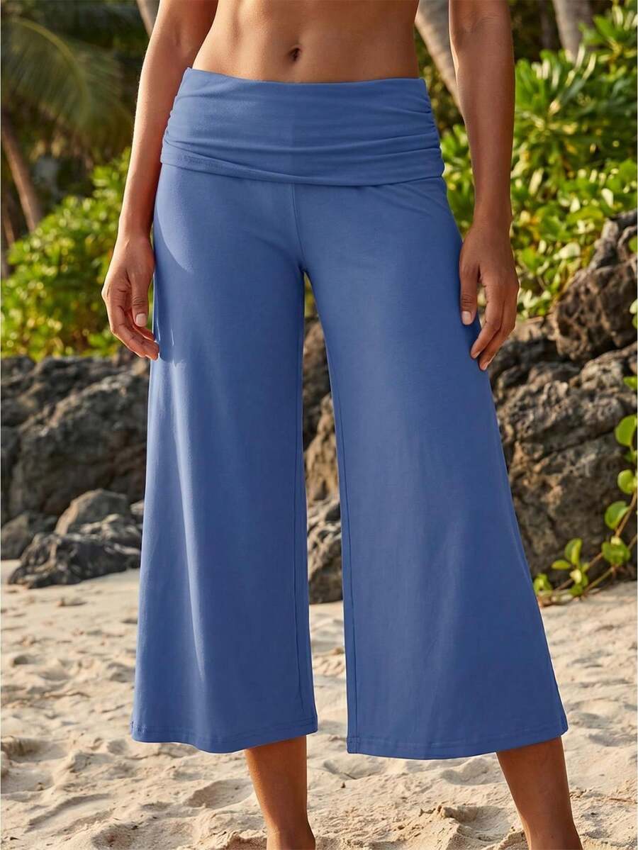 Women's Capri Pants Fold Over Waistband Low Rise Solid Color Wide Leg Cropped Lounge Trousers - Blue - View 1