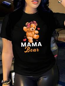 Graphic Print T-Shirt Featuring a Bow And Teddy Bear for Mother'S Day, Casual Short Sleeve Crew Neck Top for Women - Negro - Ver 2