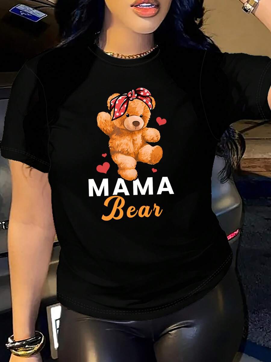 Graphic Print T-Shirt Featuring a Bow And Teddy Bear for Mother'S Day, Casual Short Sleeve Crew Neck Top for Women