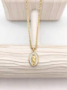 1pc Stainless Steel Vintage French 18K Plated Oval Virgin Mary Pendant Necklace, Minimalist Twist Chain Unisex Jewelry, Affordable Valentine's Day Gift - White - View 4