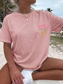 Plus Size Women's Casual Lemon Print Round Neck Short Sleeve T-Shirt, Suitable For Spring, Summer, Autumn, Vacation Pink - Pink - View 4