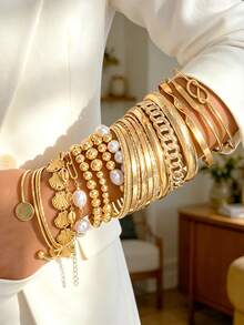 22/9/7 Pcs Fashionable Minimalist Elegant Delicate Vintage Design Geometric Strap, Shell Faux Pearl Beaded Splice Design, Lock Chain, Twist Knot, Round Bead, Braided, Cross Round Slice, Rhinestone, Shiny, Embossed Texture Snake Bone Chain, Box Chain, Metal Minimalist Plain Chain Bracelet Set, Suitable For Holiday, Party, Gift - Yellow Gold - View 9