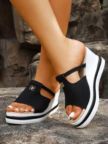 Summer New Thick Bottom Wedge Women Sandals, Fashion Versatile Casual Slip-On Sandals, High Heel Sandals, Mid Heel Sandals, Beach Resort Flip Flops, College Student Sandals - Black - View 5