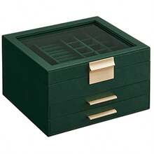 SONGMICS Caja de Joyas Caja Joyero de Estuche de Joyería 2 Cajones Tapa de Cristal Amplio Espacio y Dorado MJBC239C01 - Verde Bosque  Dorado - Ver 2