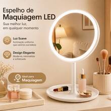 Tabletop Mirror With LED Light, Round Or Square, For Makeup, Dressing Table, Skincare, Decoration With Tray - White (round) - View 2