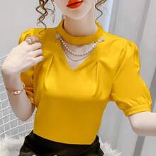 Blusas de estilo veraniego para mujer, camisas informales a la moda con mangas cortas abombadas y cuello redondo, blusas de perlas lisas, Tops WY0227 - Rojo - Ver 2