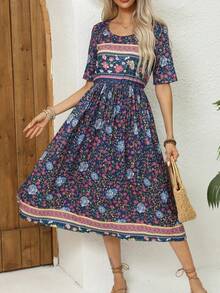 Falda larga de manga corta con cuello redondo para mujer, vestido estampado bohemio, Europa y América, otoño, 2024 - Azul - Ver 4