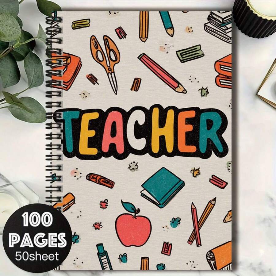100-Page/50-Sheet Cute Spiral Notebook With Colorful Stationery Pattern And "TEACHER" Text On Cover, Suitable For Work Records, Study Notes, Diary Writing, Daily Planning, Great For Graduation Gifts, Birthdays, And Note-Taking - M - View 1
