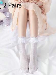 1雙女款白色蕾絲花紋襪子，可愛中筒長度的空心網格設計 - 白色 - 查看 9