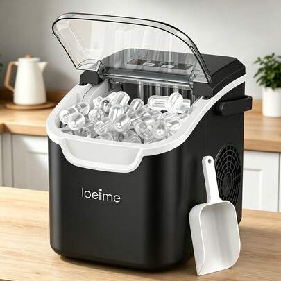 loefme Portable Ice Maker Countertop Ice Cubes Machine 12KG/24H, 8 Bullet Ice Cubes Ready In 6 Mins, 2 Size Ice, Self-Cleaning, With Handle For Home, Camping, RV, Party