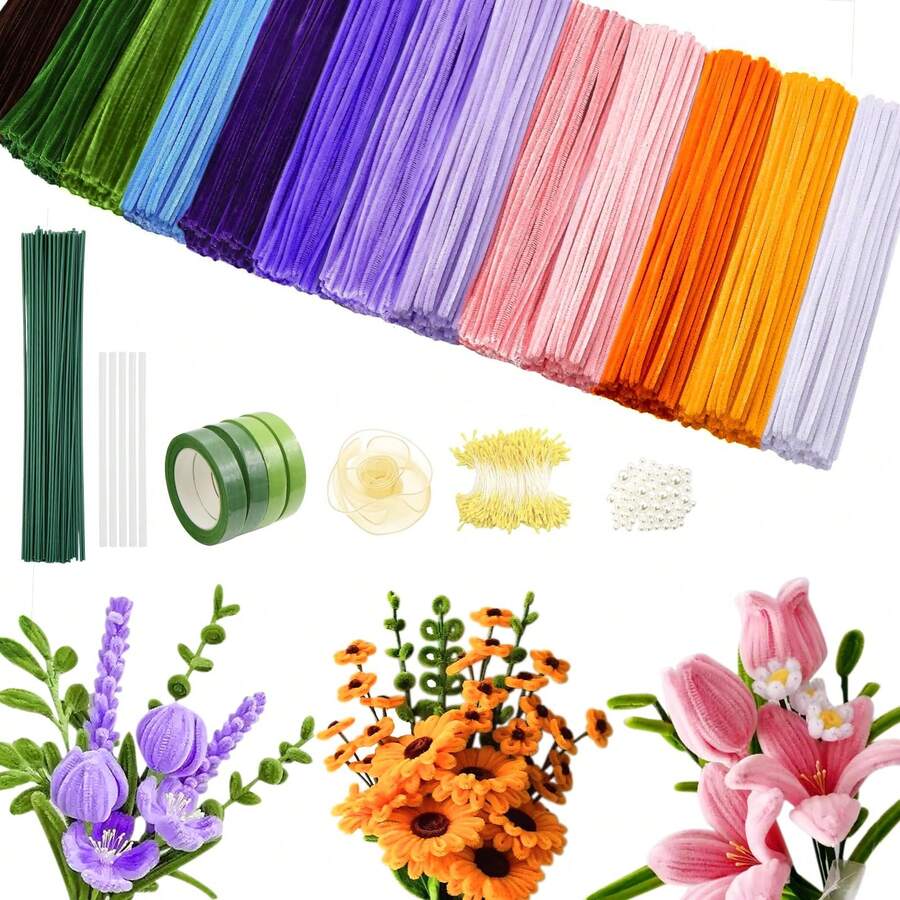 800pcs Handmade Pipe Cleaning Rod Set, Pipe Cleaning Rod With Handle Flower Making Tools, 13 Colors Felt Tubes, With Instructions, Arts And Crafts - Multicolor - View 1