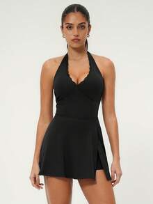 TimeOff 1pc Women's Lace Halter Backless Slit Dress With Lining And Pockets, Anti-Flashing Design Sports - Black - View 7