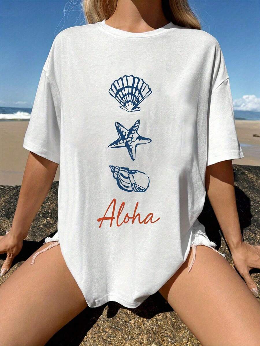 Women's White Seashell And Starfish Print T-Shirt - Aloha Tropical Beach Vacation Top, Breathable Round Neck Summer T-Shirt, Machine Washable Casual Blouse For Hawaii Outfits And Starfish Shell Clothing - 白色 - 查看 1