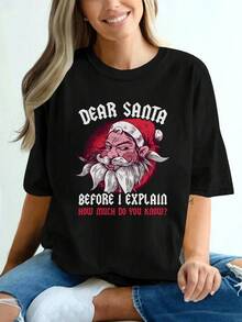 Sombrero rojo de Santa Claus con borde blanco y patrón de Pompomfashion impreso camiseta de manga corta, suave y cómodo, versátil y hecho de puro, adecuado para ropa casual de las mujeres, desplazamientos diarios, al aire libre, traje relajado y cómodo - Negro - Ver 1