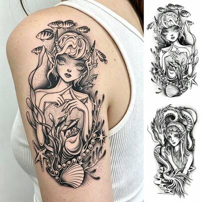 2 Sheets Big Size Body Art Temporary Tattoo Stickers For Women, Black Cartoon Portrait Mixed Pattern, Waterproof Fake Tattoo, Lasts 2-5 Days, Covering Scars,Can Be Used On Arms Wrist Shoulders Legs Waist Neck Hand Chest Thighs Finger Ankle, Suitable For Parties, Gifts, Vacations, Body Decoration