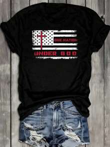Under God American Flag Tee Womens T Shirt Black Gifts Top Summer And Spring Season Hip-Hop Street Style Spring And Summer Outdoor Loungewear Unique Designs, Summer Prints Everyday And Weekend Wear Easter Gift - 黑色 - 查看 1