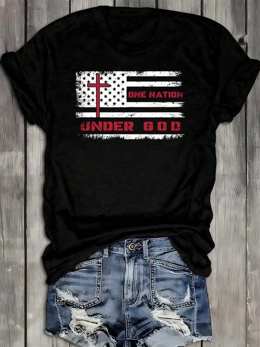 Under God American Flag Tee Womens T Shirt Black Gifts Top Summer And Spring Season Hip-Hop Street Style Spring And Summer Outdoor Loungewear Unique Designs, Summer Prints Everyday And Weekend Wear Easter Gift - 黑色 - 查看 1