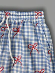 女士夏季咖啡俱乐部印花圆领短袖T恤和条纹裤套装，豹纹、波点、格子图案，优雅、运动、派对、健身、夏季、六月，女士蓝色套装，杏色上衣，女士沙滩裤（随机印花） - 杏色2+蝴蝶格 - 查看 4
