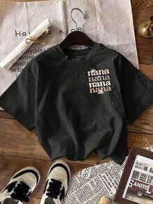 Camiseta de manga corta con cuello redondo y estampado de letras para mujer , adecuada para el verano, transpirable y cómoda. - Negro 2 - Ver 3